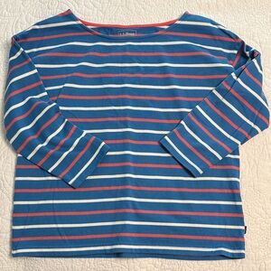 L.L. Bean Blue Striped 3/4-Sleeve Tee with White and Coral Stripes